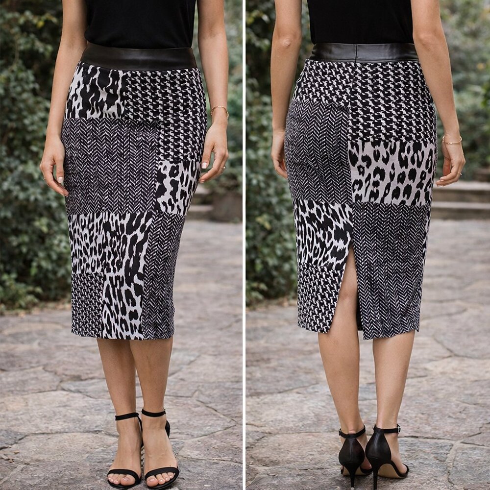 Black White Patchwork Pencil Skirt 10 Back Slit Animal Print Graphic‎ Urban Chic